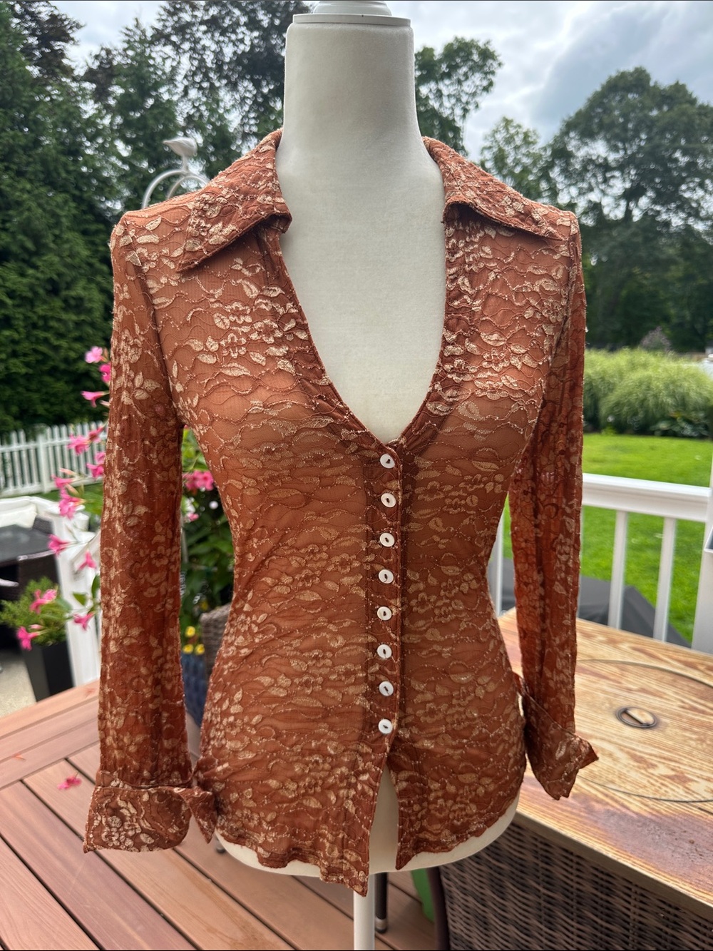 Vintage Bebe Women’s Sheer Lace Button-Up Top - Rust Brown